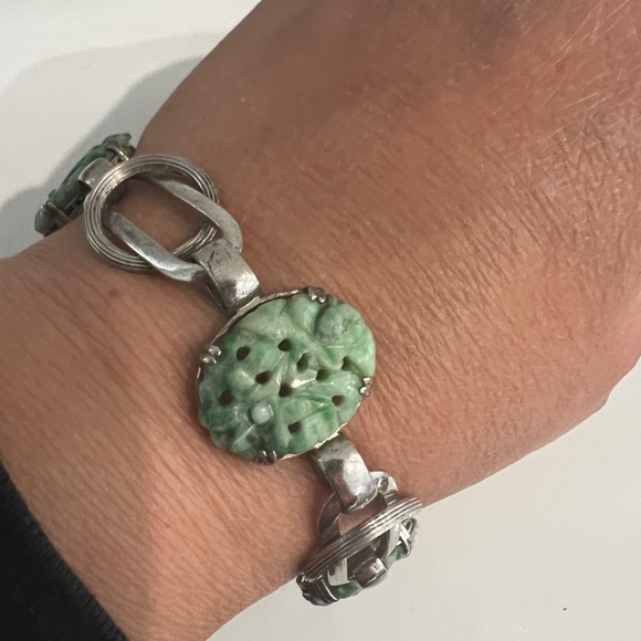 Antique Art Deco Bracelet Carved Green White Jadeite Sterling Chinese Export - Picture 10 of 13